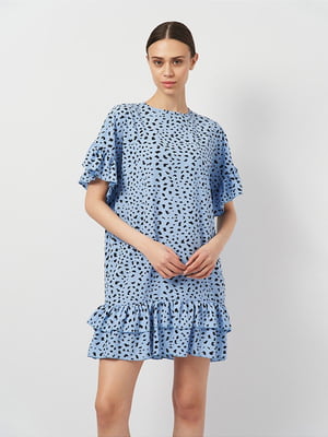 Вільна блакитна сукня в принт з воланами | 6840476
