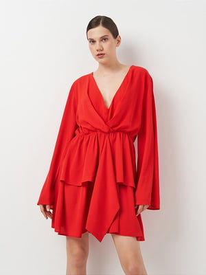 Червона сукня з оборками та розкльошеними рукавами | 6840525