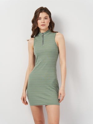 Смугаста зелена міні-сукня з блискавкою | 6840547