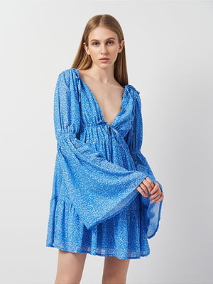 Вільна синя сукня-міні з розкльошеними рукавами | 6840578