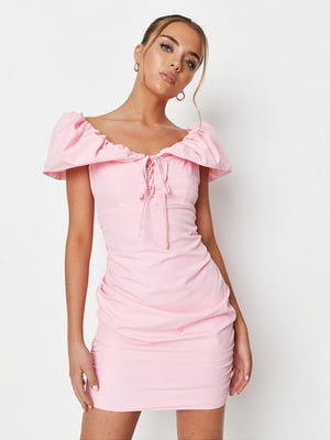 Приталенное розовое мини-платье с пышными рукавами | 6840592
