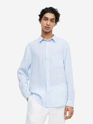 Льняна біло-блакитна сорочка в смужку | 6840609