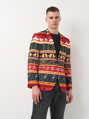 Різнокольоровий піджак з новорічним принтом | 6844316
