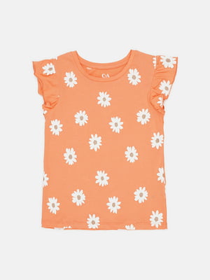 Оранжевая хлопковая футболка в цветочный принт | 6844426