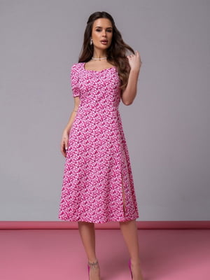 Малинова ретро сукня з кольоровим принтом і розрізом | 6845025