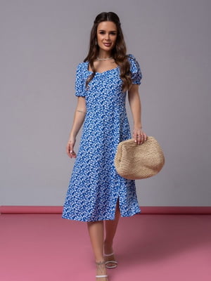 Синя ретро сукня з кольоровим принтом і розрізом | 6845027
