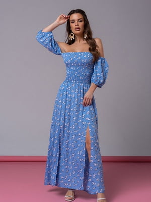 Бавовняна блакитна сукня з двома розрізами | 6845028