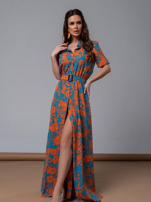 Бірюзово-оранжева сукня-сорочка з квітковим принтом | 6845039