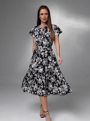 Чорна квіткова сукня із зав'язкою у горловини | 6845052