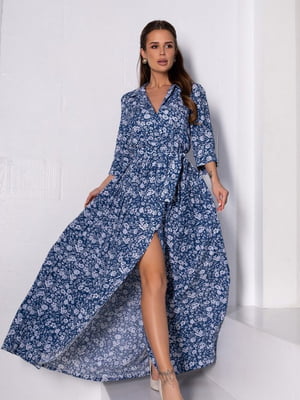 Довга сукня із синьої бавовни з розрізом | 6845082