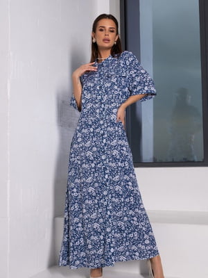Бавовняна синя сукня-сорочка з квітковим принтом | 6845099