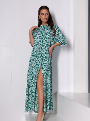 Зелена сукня-сорочка з орнаментом та бічними розрізами | 6845103