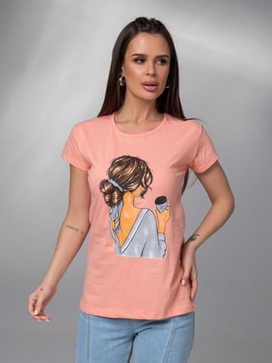 Персикова бавовняна футболка з яскравим малюнком  | 6845269