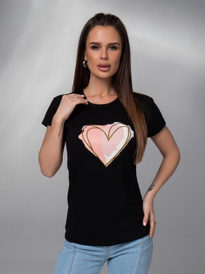 Чорна трикотажна футболка з великим серцем | 6845274
