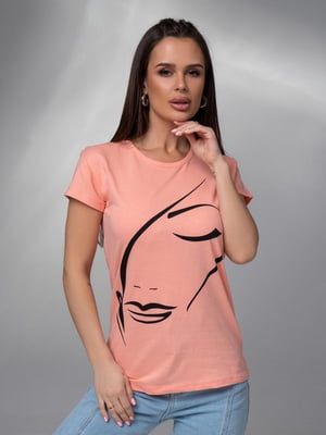 Персикова бавовняна футболка з силуетним малюнком | 6845276