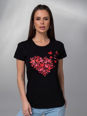 Чорна бавовняна футболка з яскравими метеликами | 6845281