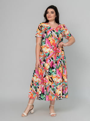 Разноцветное платье А-силуэта в цветочный принт с коротким рукавом | 6845356
