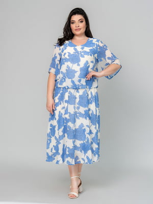 Голубое платье А-силуэта в принт с коротким рукавом | 6845357
