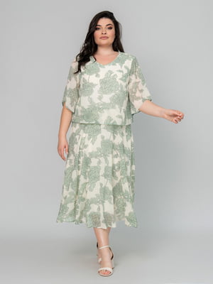 Сукня А-силуету оливкового кольору в принт з коротким рукавом | 6845358