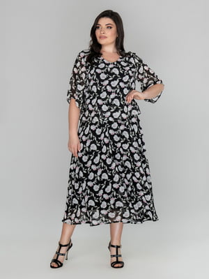 Черное платье А-силуэта в цветочный принт с коротким рукавом | 6845359