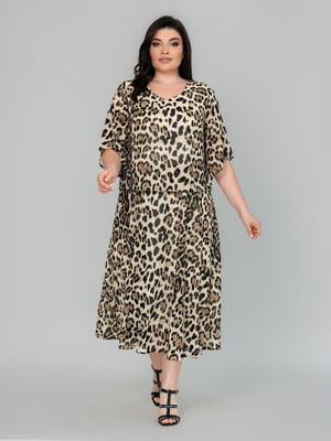 Бежевое платье А-силуэта в леопардовый принт с коротким рукавом | 6845360