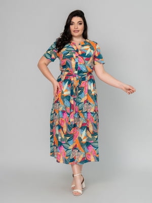 Разноцветное платье А-силуэта в принт с коротким рукавом | 6845366