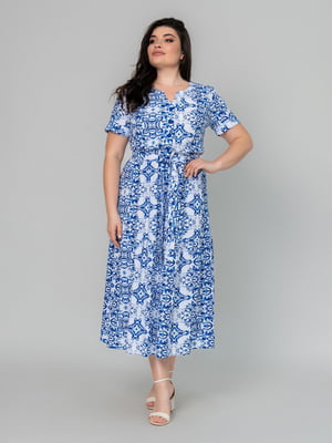 Блакитна сукня А-силуету в принт з коротким рукавом | 6845369
