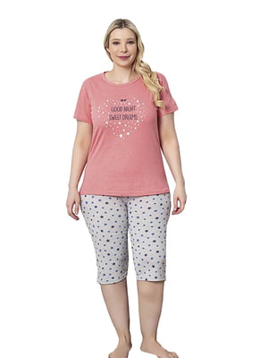 Піжама рожева з принтом: капрі та футболка | 6845384