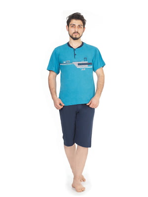 Піжама блакитна з принтом: шорти та футболка | 6845416