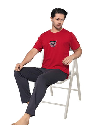 Піжама червоно-сіраз принтом: штани та футболка | 6845437