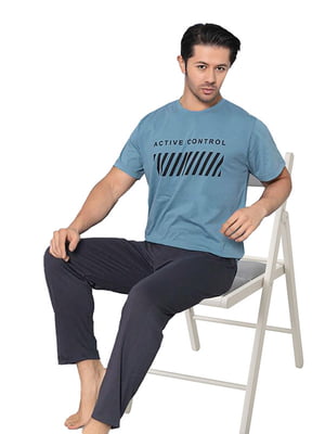 Піжама блакитно-сіра з принтом: штани та футболка | 6845438