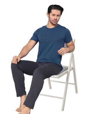 Піжама сіро-синя з принтом: штани та футболка | 6845442
