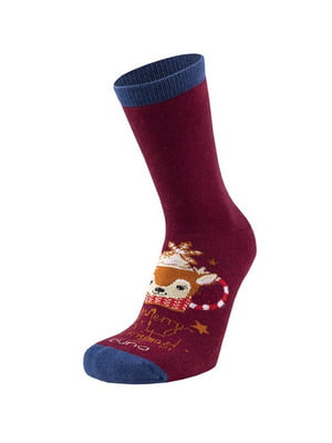 Шкарпетки бордові в принт зимові бавовняні | 6845909