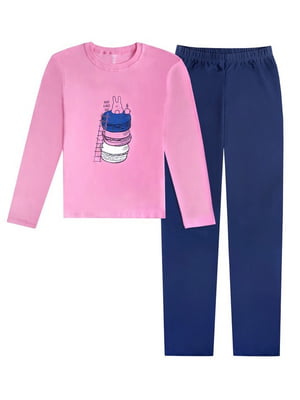 Піжама рожево-синя з принтом «Макарунси»: лонгслів та штани  | 6846285