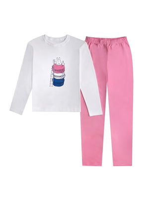 Піжама рожево-молочна з принтом «Макарунси»: лонгслів та штани | 6846286