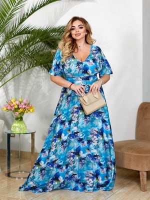 Сукня міді бірюзового кольору в квітковий принт | 6846810