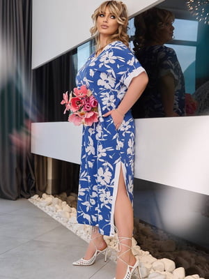 Вільна сукня-міді джинсового кольору з квітковим принтом | 6846882