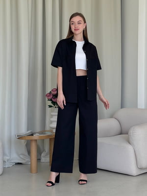Льняний чорний костюм Лорен з брюками-палаццо та сорочкою    | 6847100