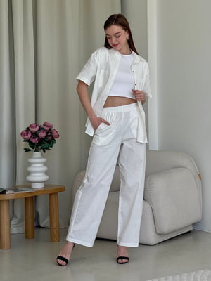 Льняний білий костюм Лорен з брюками-палаццо та сорочкою    | 6847101