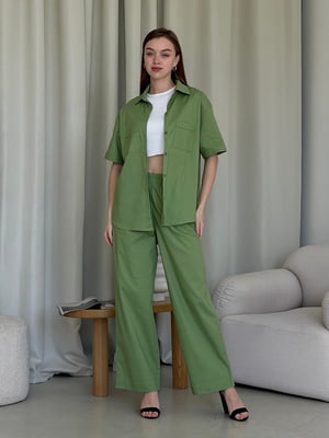 Льняний зелений костюм Лорен з брюками-палаццо та сорочкою    | 6847104