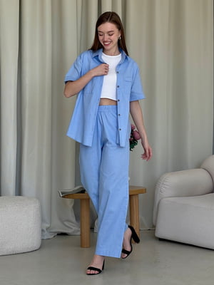 Льняний блакитний костюм Лорен з брюками-палаццо та сорочкою    | 6847106