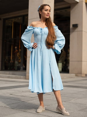 Блакитна сукня міді з креп-жатки з корсетною спинкою на шнурівці | 6847332