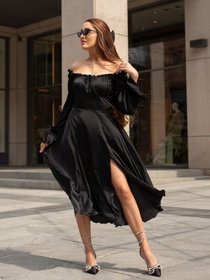 Чорна шовкова сукня- міді з корсетною спинкою на шнурівці | 6847334