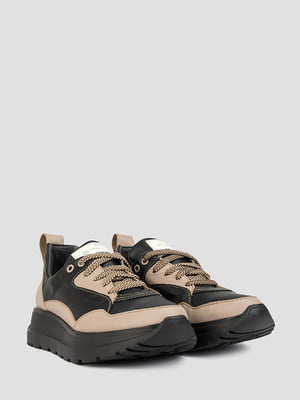 Кожаные черно-бежевые кроссовки на шнуровке | 6847649