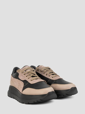 Кожаные черно-бежевые кроссовки на шнуровке | 6847650