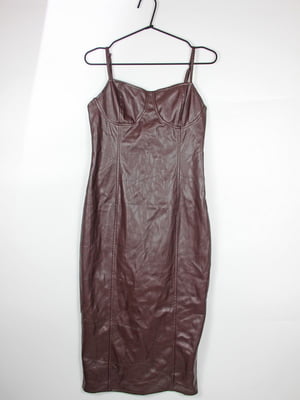 Коричнева сукня-футляр із екошкіри з виділеним ліфом | 6848065