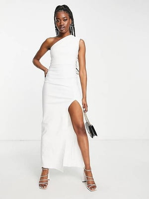 Біла облягаюча сукня на одне плече з високим розрізом | 6848159
