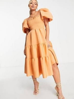 Помаранчева сукня з оборками та широкими короткими рукавами  на резинці | 6848388
