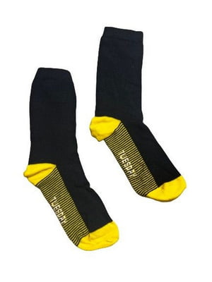 Чорно-жовті шкарпетки з підошвою в смужку та написом | 6849597