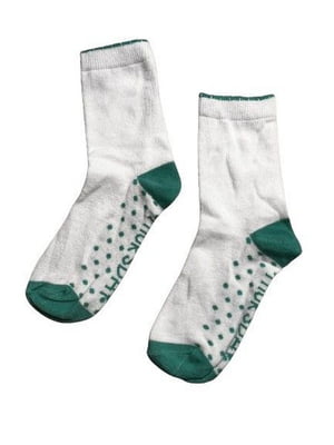 Біло-зелені шкарпетки в горошок і з написом на підошві | 6849920